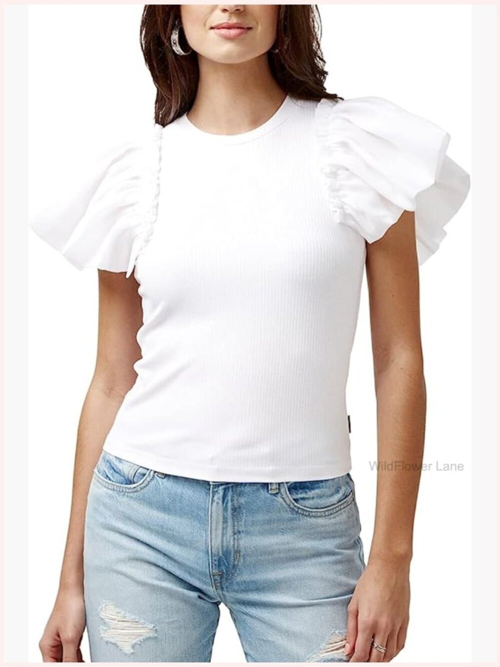Trendy sculptural sleeve crew neck tee with gathered arms